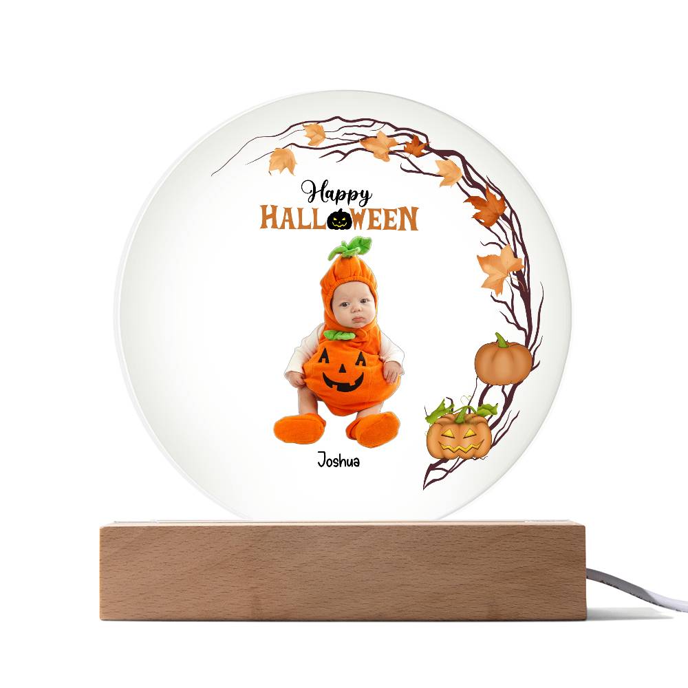 Personalized Halloween Photo Upload - Baby First Halloween Keepsake - Family Costume Round Acrylic Plaque with LED Lighted Base