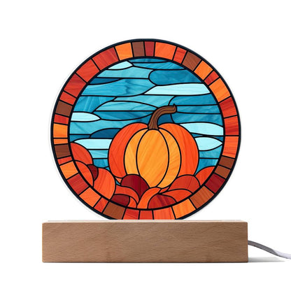 Pumpkin Stained-Glass Fall, Halloween, or Thanksgiving Home Decor Round Acrylic Plaque with Lighted LED Wooden Base