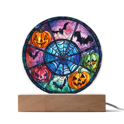 Spooky Halloween Decor Round Acrylic Plaque with Lighted LED Wooden Base