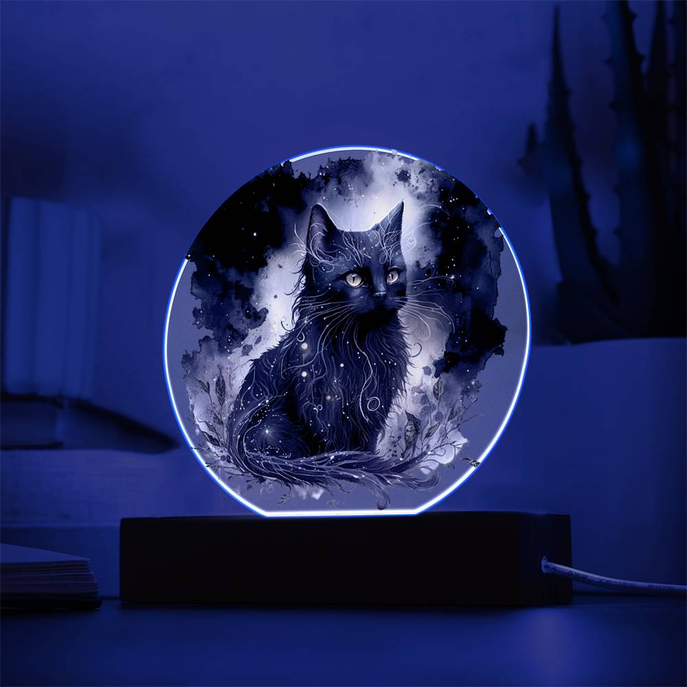 Black Cat Magic Spooky Halloween Printed Circle Acrylic Plaque with LED Lighted Wooden Base