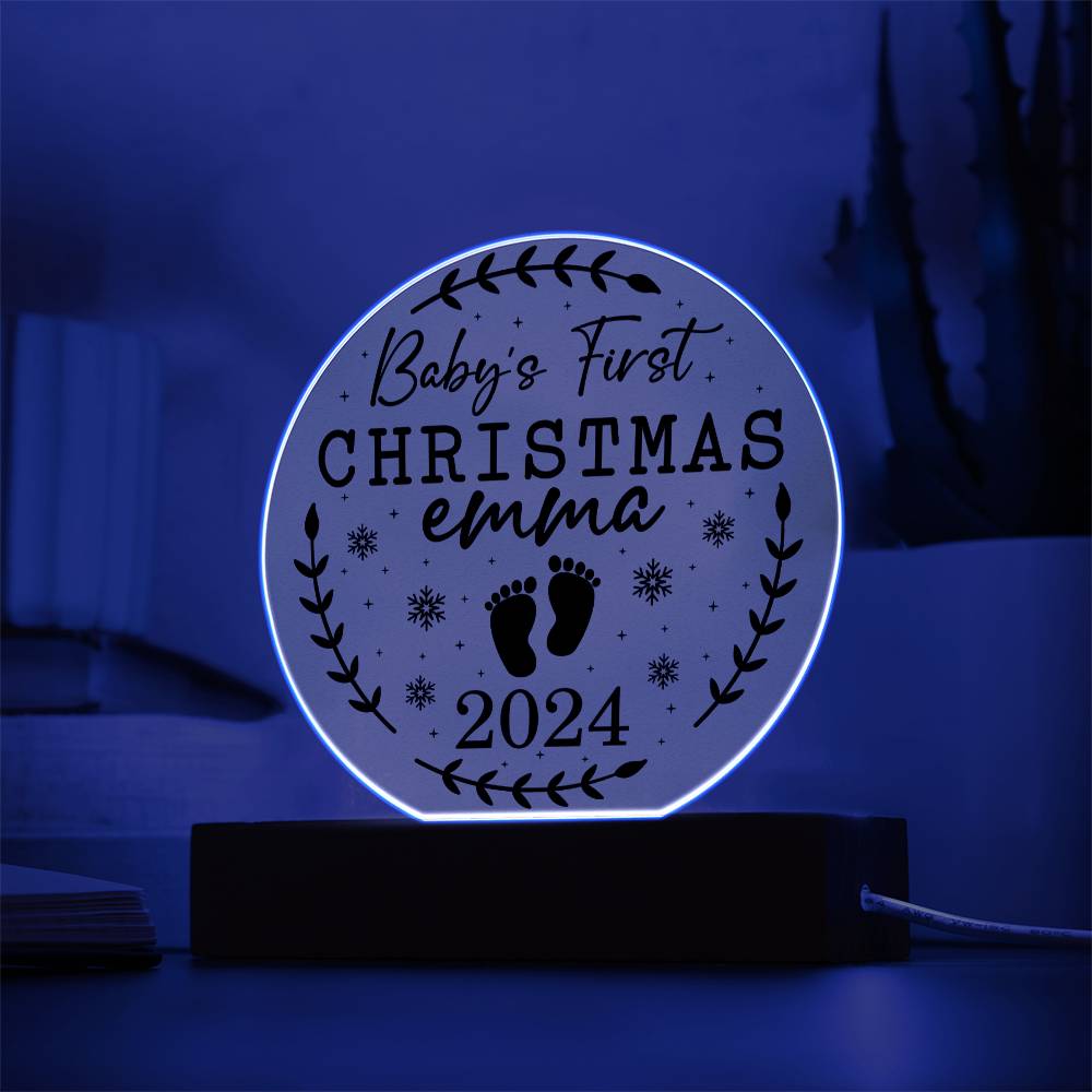 Baby's First Christmas Personalized Acrylic Plaque with Wood or LED Lighted Base