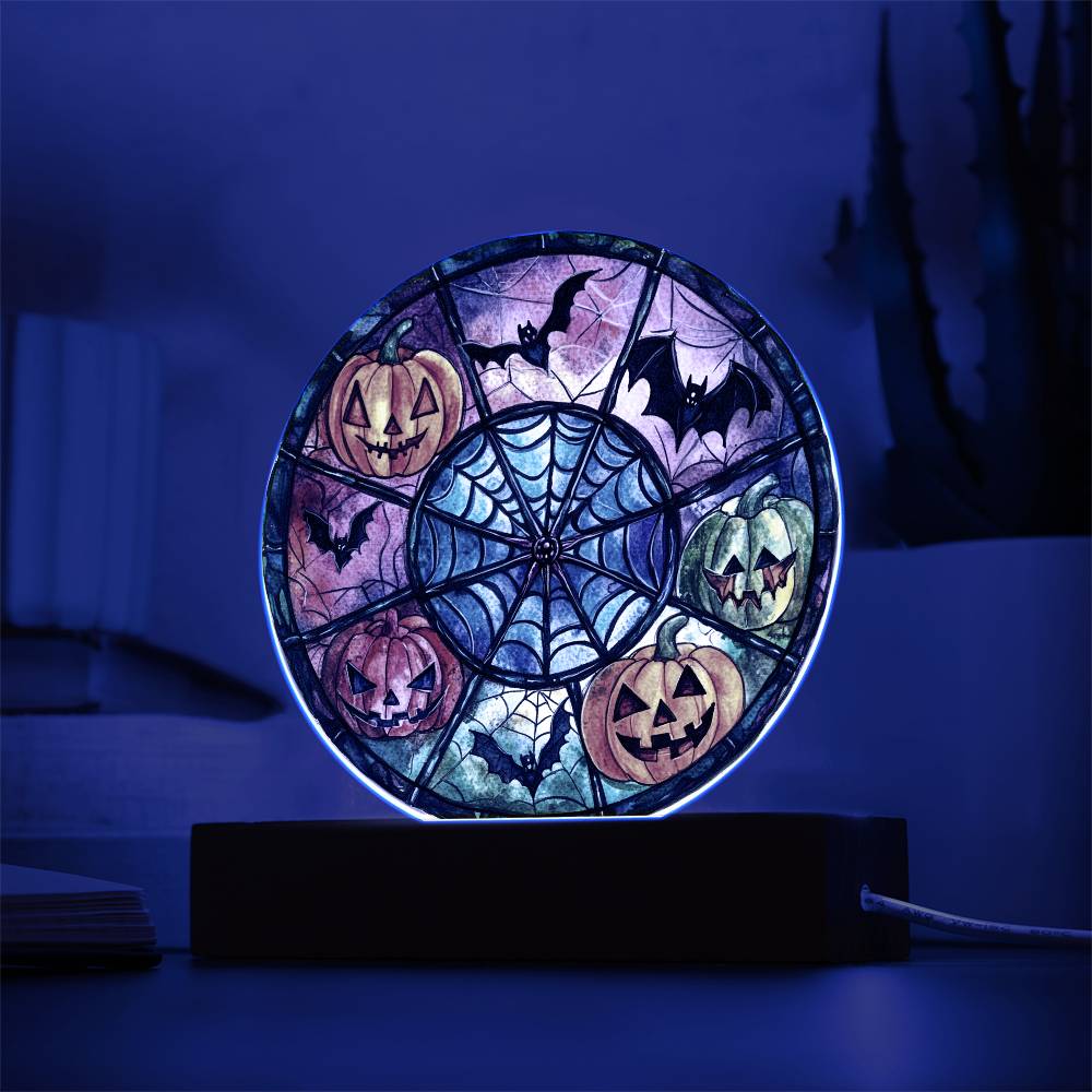 Spooky Halloween Decor Round Acrylic Plaque with Lighted LED Wooden Base