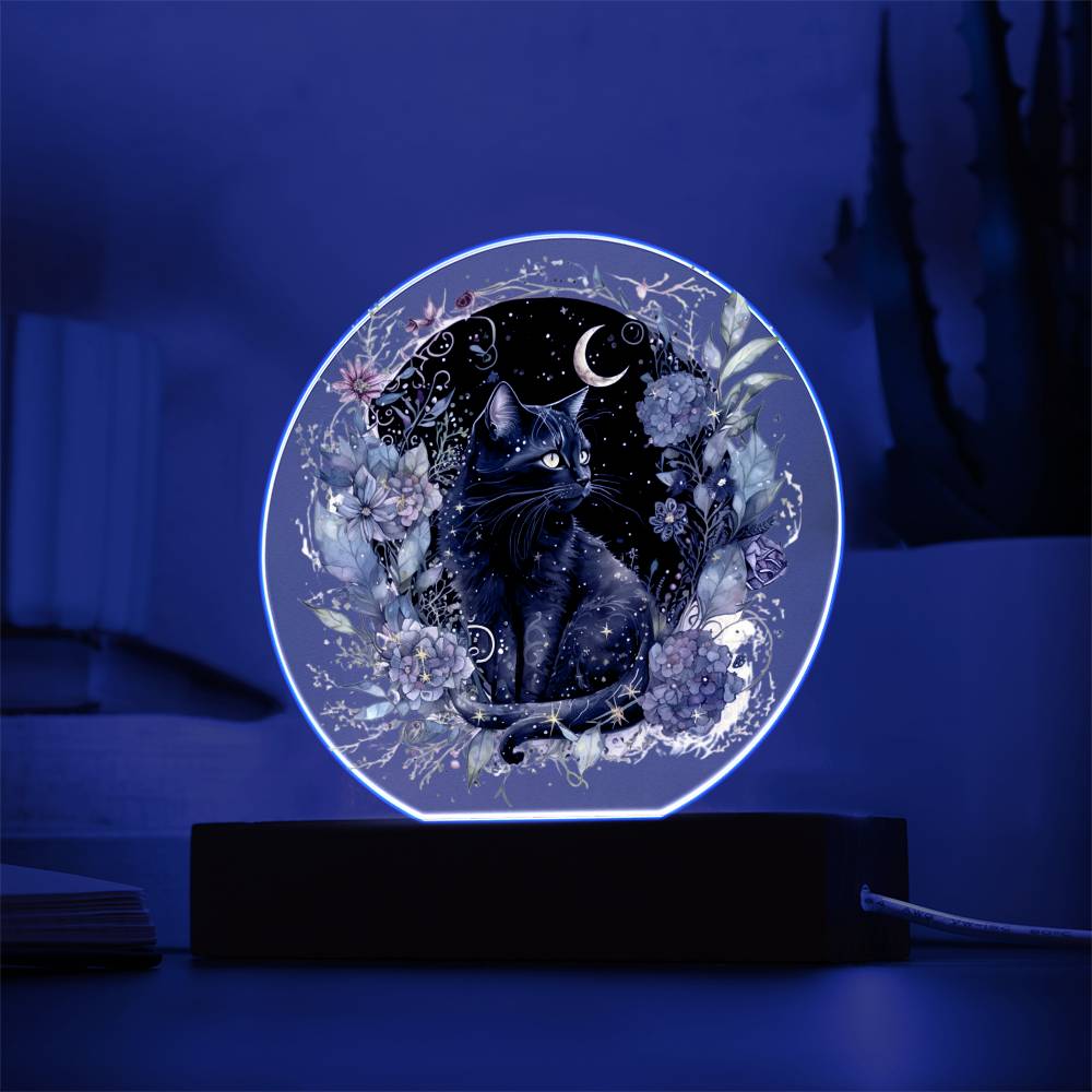 Black Cat Bewitchment: Halloween Printed Circle Acrylic Plaque with LED Lighted Wooden Base