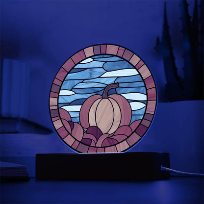 Pumpkin Stained-Glass Fall, Halloween, or Thanksgiving Home Decor Round Acrylic Plaque with Lighted LED Wooden Base