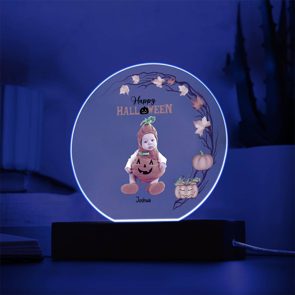 Personalized Halloween Photo Upload - Baby First Halloween Keepsake - Family Costume Round Acrylic Plaque with LED Lighted Base