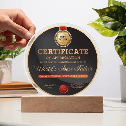 Certificate of Appreciation for the World's Best Father Acrylic Plaque Personalized Father's Day Gift