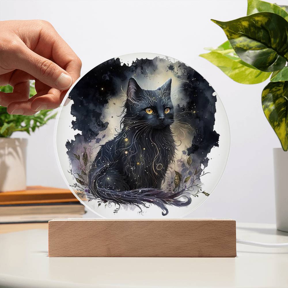 Black Cat Magic Spooky Halloween Printed Circle Acrylic Plaque with LED Lighted Wooden Base