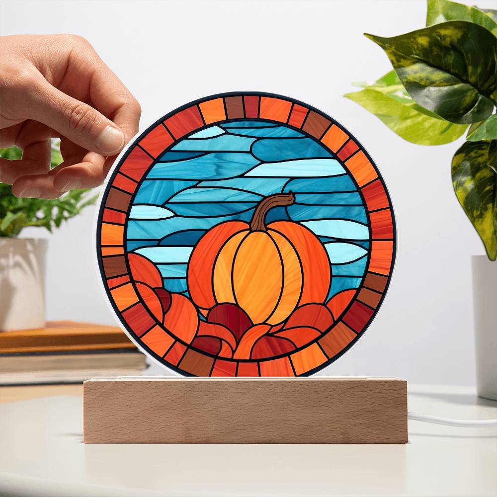 Pumpkin Stained-Glass Fall, Halloween, or Thanksgiving Home Decor Round Acrylic Plaque with Lighted LED Wooden Base