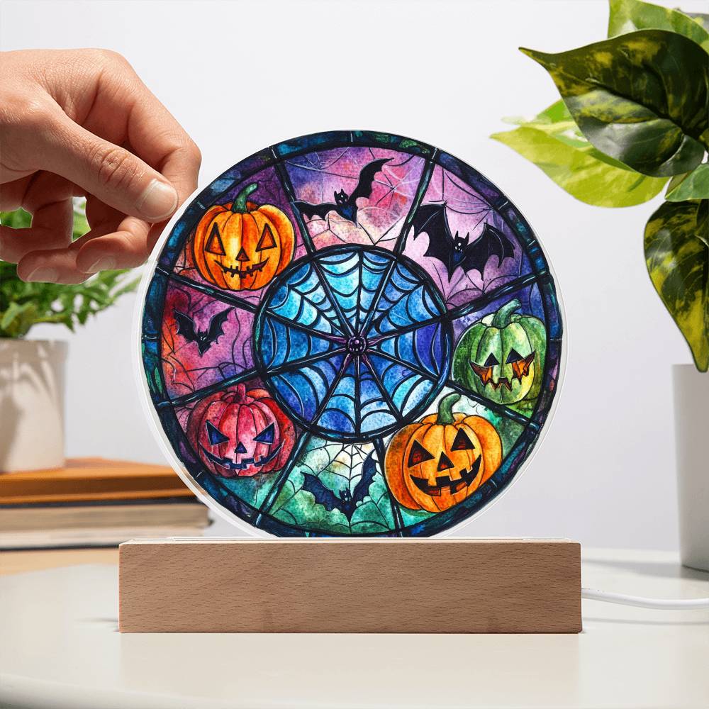 Spooky Halloween Decor Round Acrylic Plaque with Lighted LED Wooden Base