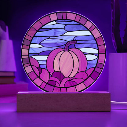 Pumpkin Stained-Glass Fall, Halloween, or Thanksgiving Home Decor Round Acrylic Plaque with Lighted LED Wooden Base