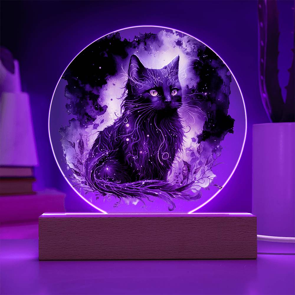 Black Cat Magic Spooky Halloween Printed Circle Acrylic Plaque with LED Lighted Wooden Base