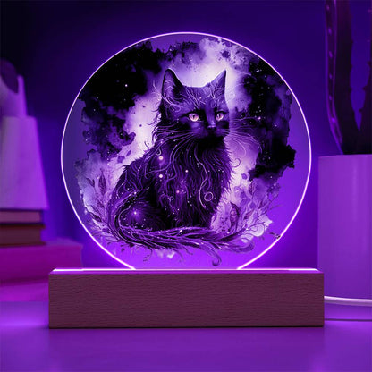 Black Cat Magic Spooky Halloween Printed Circle Acrylic Plaque with LED Lighted Wooden Base