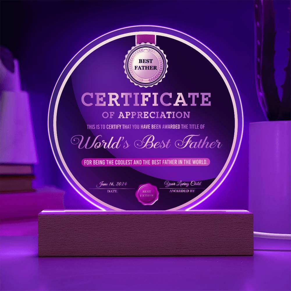 Certificate of Appreciation for the World's Best Father Acrylic Plaque Personalized Father's Day Gift