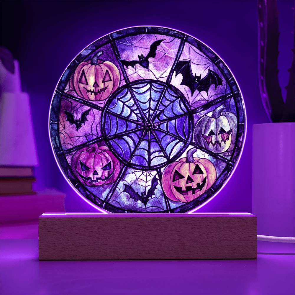 Spooky Halloween Decor Round Acrylic Plaque with Lighted LED Wooden Base