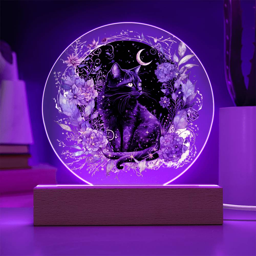 Black Cat Bewitchment: Halloween Printed Circle Acrylic Plaque with LED Lighted Wooden Base