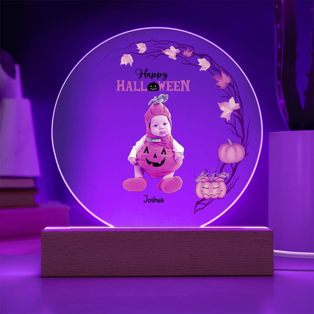 Personalized Halloween Photo Upload - Baby First Halloween Keepsake - Family Costume Round Acrylic Plaque with LED Lighted Base