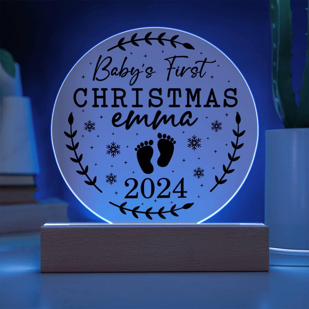 Baby's First Christmas Personalized Acrylic Plaque with Wood or LED Lighted Base