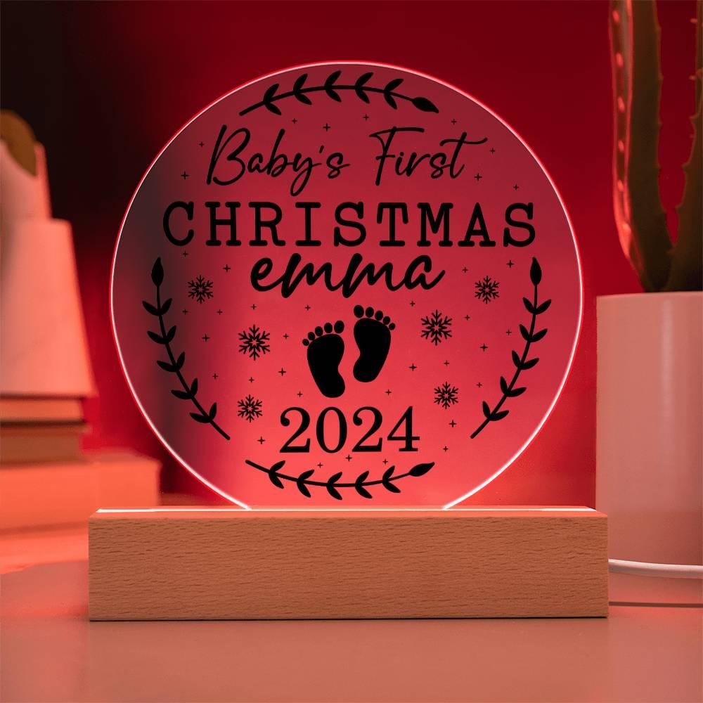 Baby's First Christmas Personalized Acrylic Plaque with Wood or LED Lighted Base