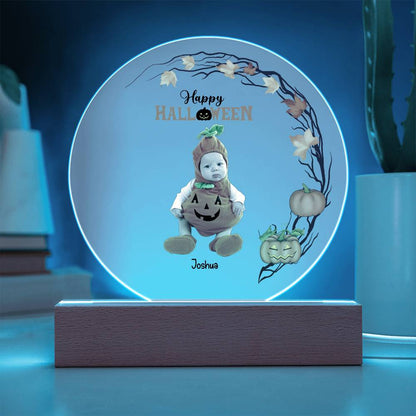 Personalized Halloween Photo Upload - Baby First Halloween Keepsake - Family Costume Round Acrylic Plaque with LED Lighted Base