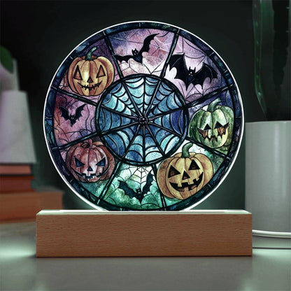 Spooky Halloween Decor Round Acrylic Plaque with Lighted LED Wooden Base