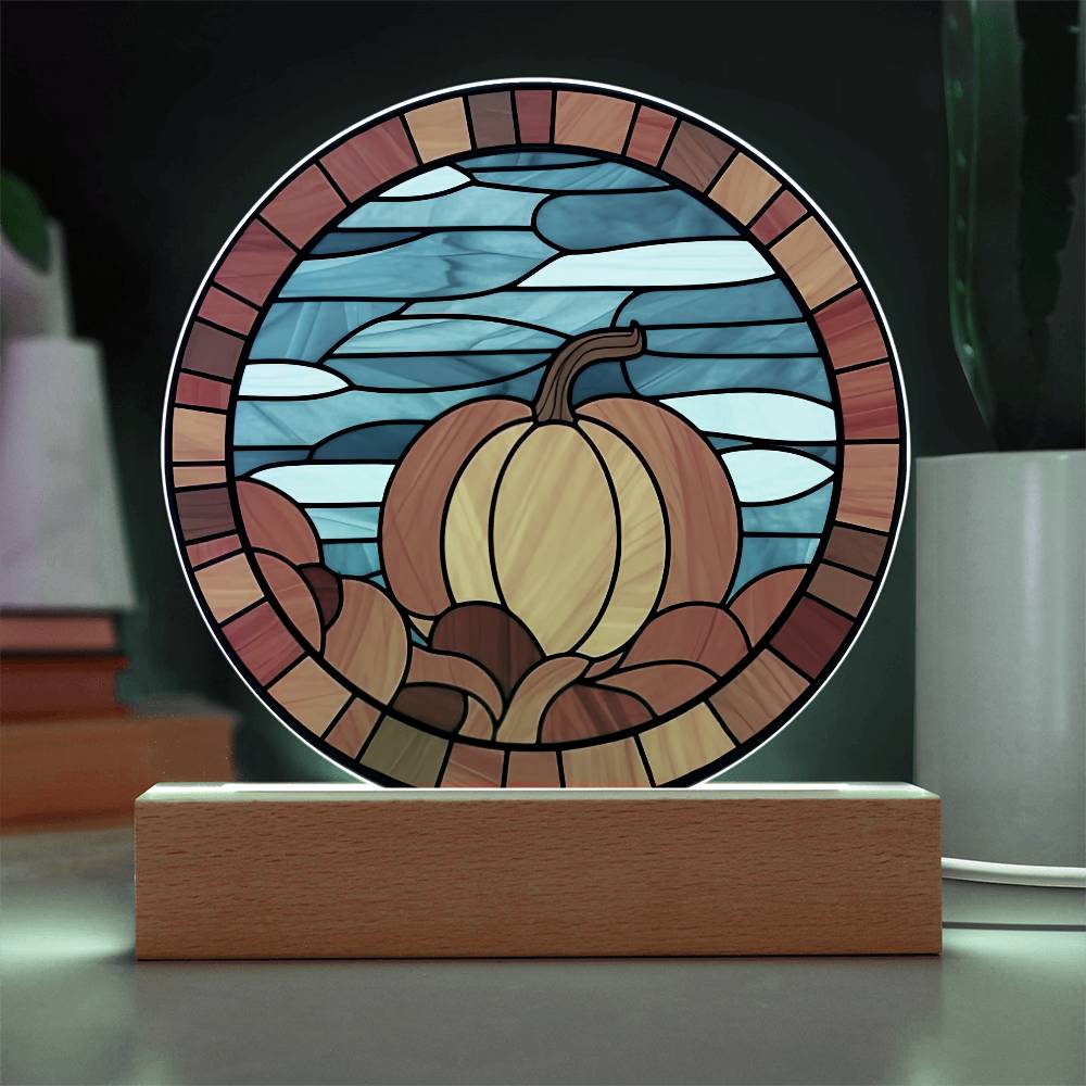 Pumpkin Stained-Glass Fall, Halloween, or Thanksgiving Home Decor Round Acrylic Plaque with Lighted LED Wooden Base