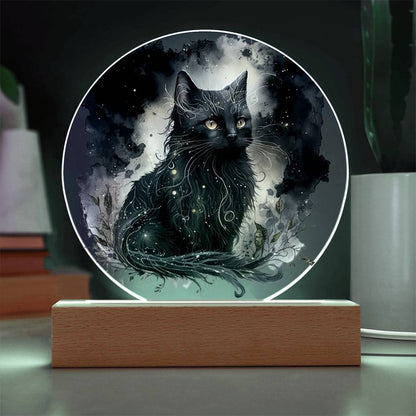 Black Cat Magic Spooky Halloween Printed Circle Acrylic Plaque with LED Lighted Wooden Base