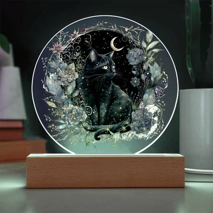 Black Cat Bewitchment: Halloween Printed Circle Acrylic Plaque with LED Lighted Wooden Base