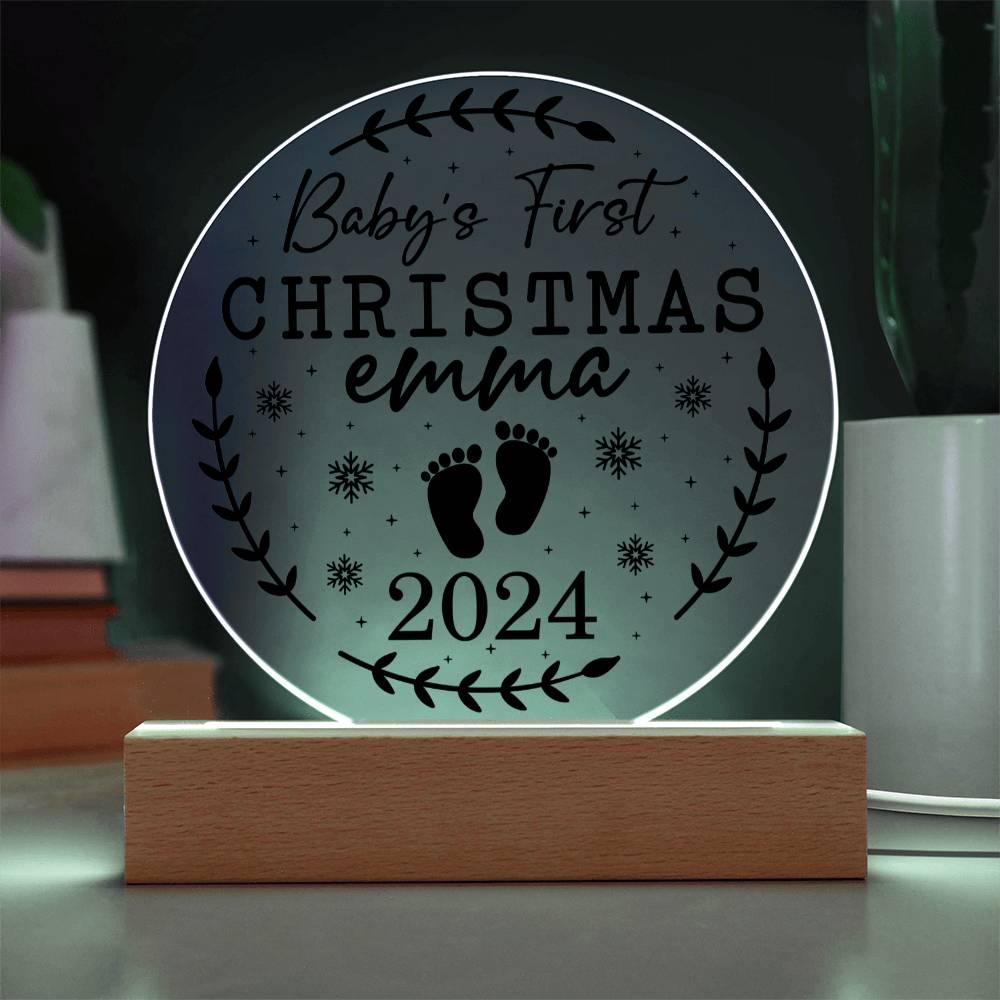 Baby's First Christmas Personalized Acrylic Plaque with Wood or LED Lighted Base