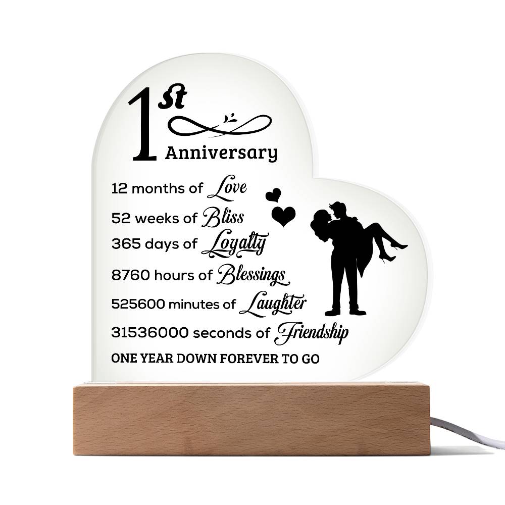 First Anniversary Heart Shaped Acrylic Plaque with LED Lighted Base