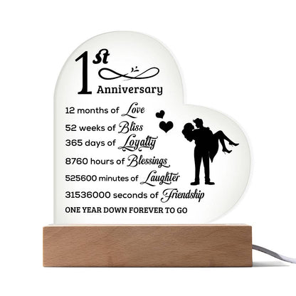 First Anniversary Heart Shaped Acrylic Plaque with LED Lighted Base