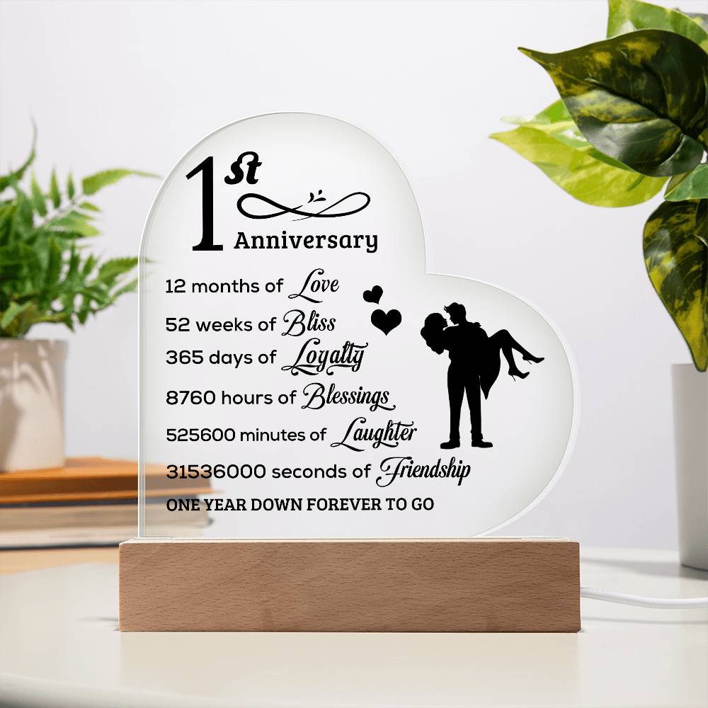 First Anniversary Heart Shaped Acrylic Plaque with LED Lighted Base