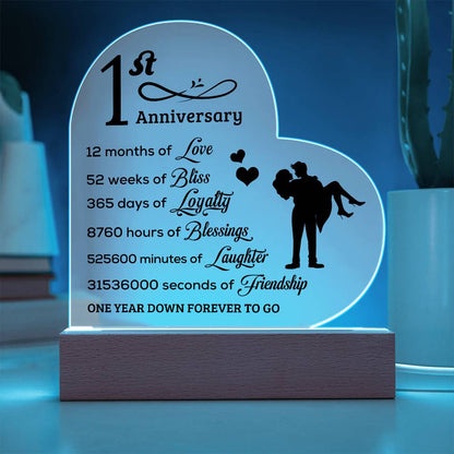 First Anniversary Heart Shaped Acrylic Plaque with LED Lighted Base