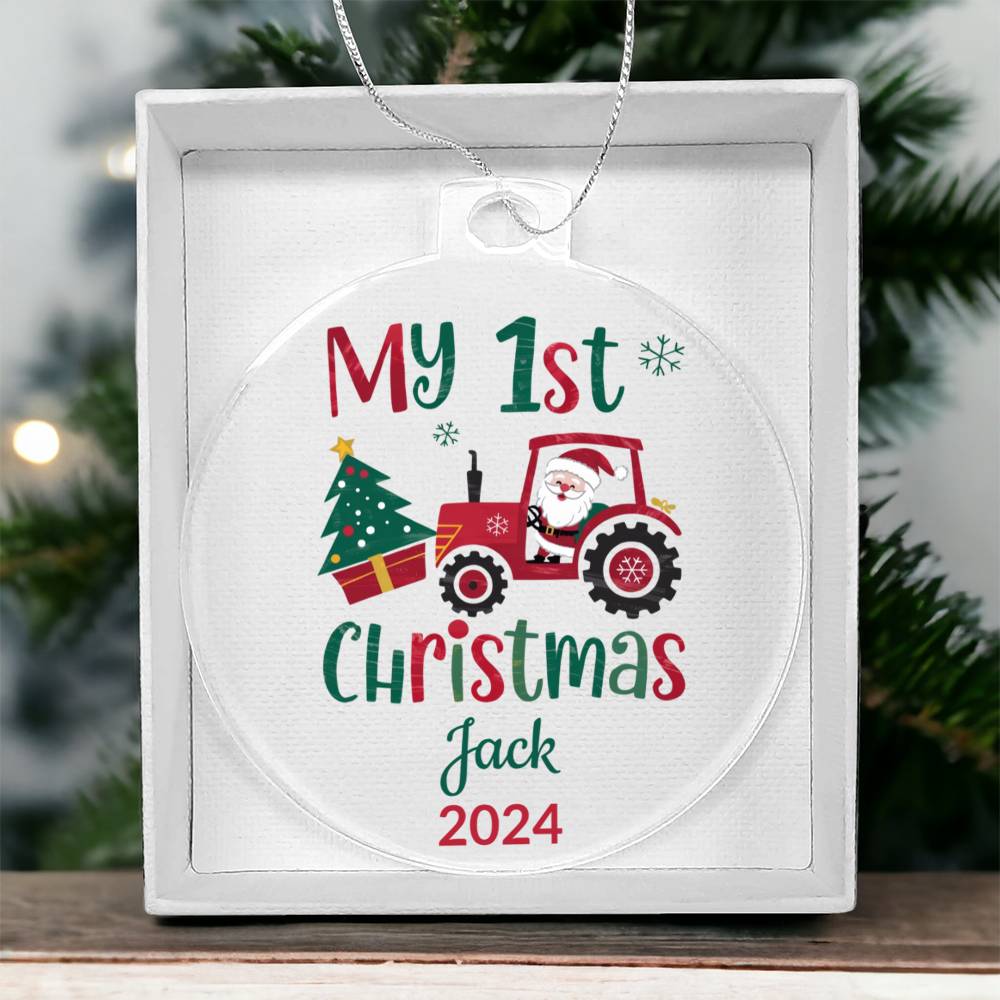 My First Christmas Santa in Tractor Personalized Acrylic Ornament