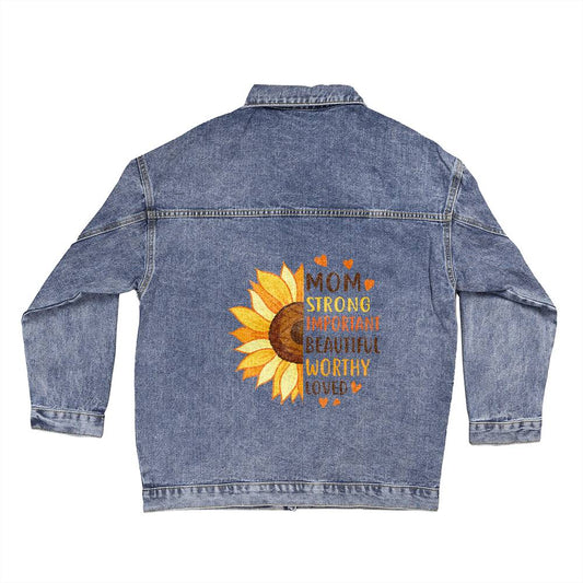 Mom Sunflower Motif Oversized Denim Jacket Mother's Day Birthday Gift for Mother