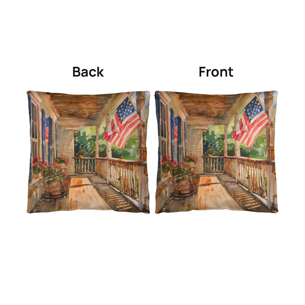 Patriotic Country Porch Scene Indoor-Outdoor Polyester Printed Pillow