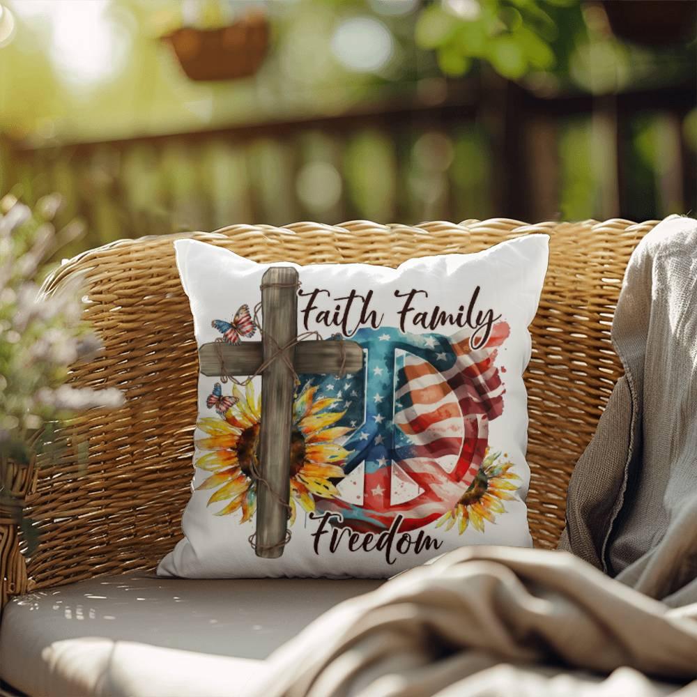 Faith Family Freedom Patriotic Comfy Indoor-Outdoor Pillow