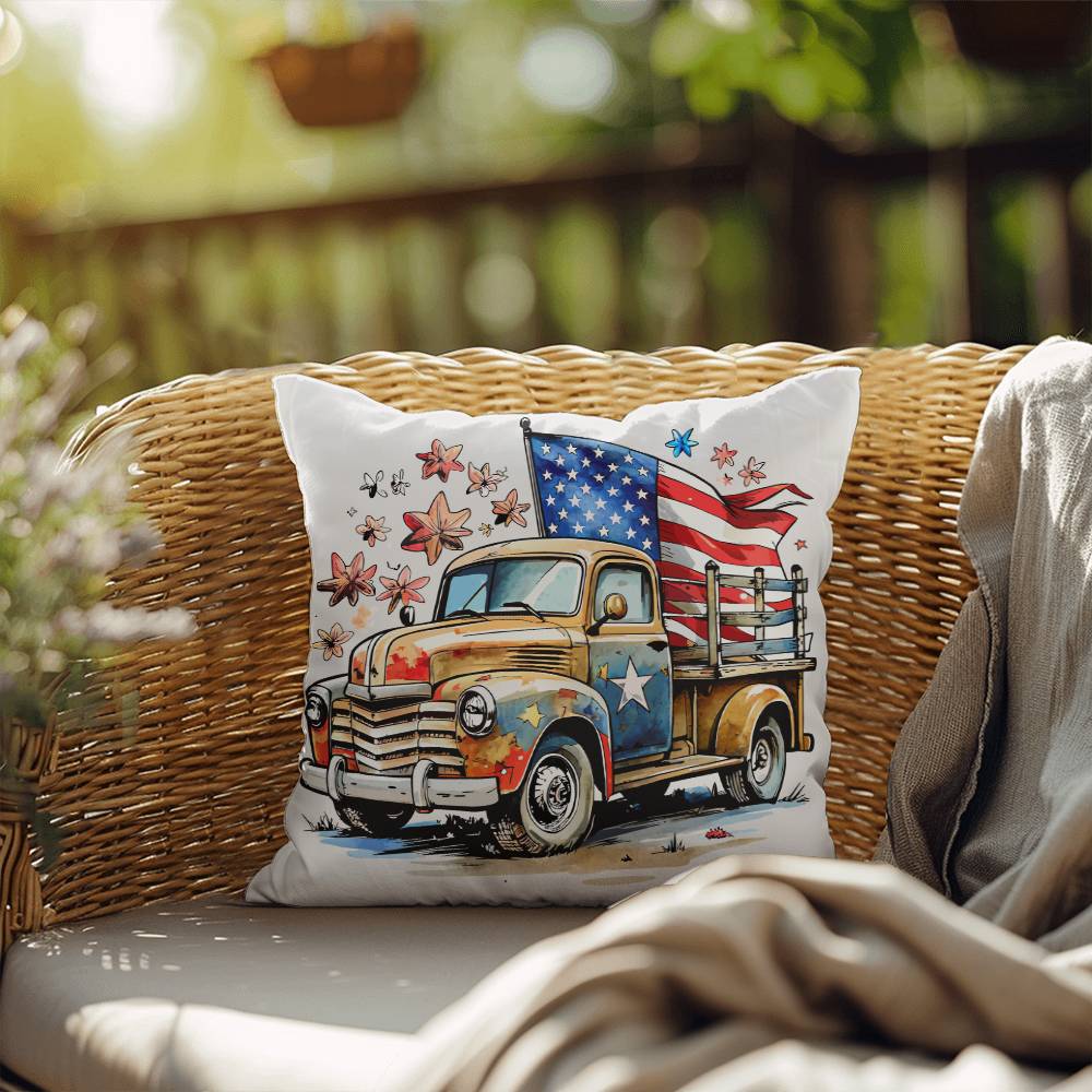 Patriotic Vintage Truck Fourth of July Home Decor Indoor-Outdoor Pillow