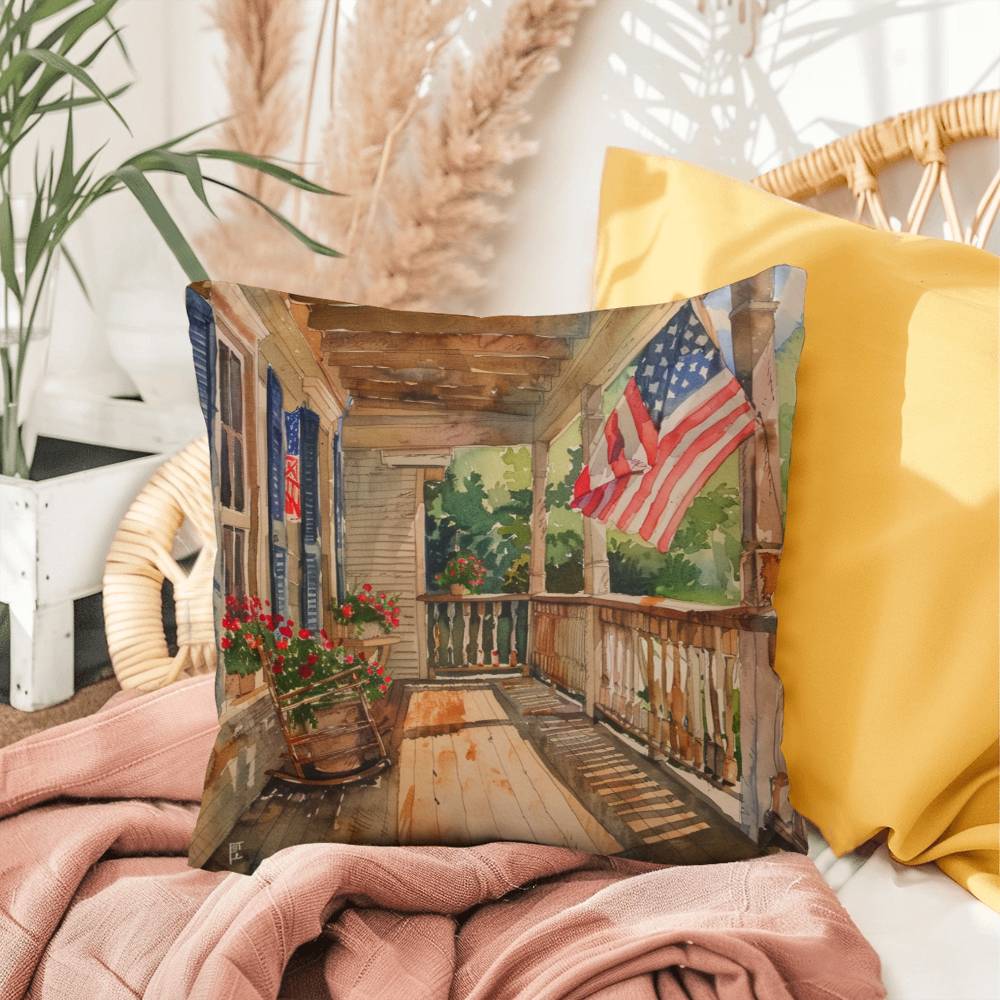 Patriotic Country Porch Scene Indoor-Outdoor Polyester Printed Pillow