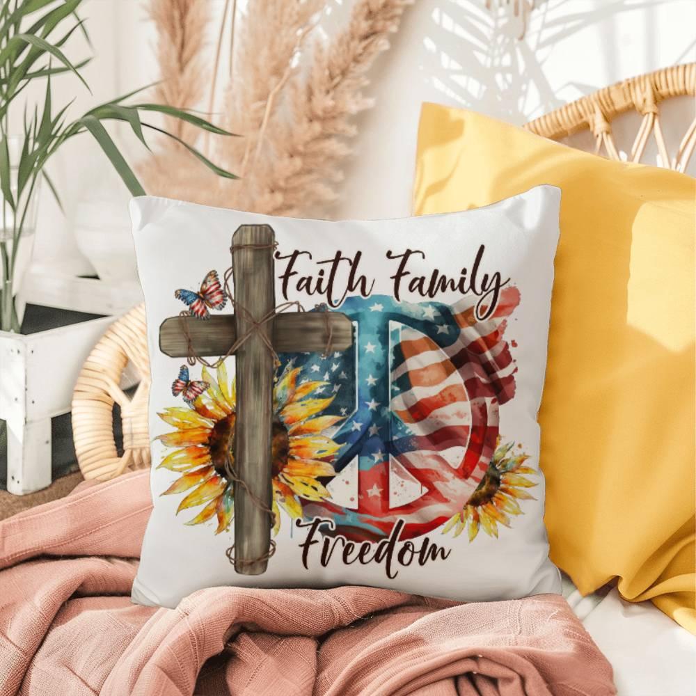 Faith Family Freedom Patriotic Comfy Indoor-Outdoor Pillow