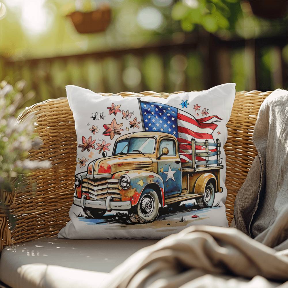 Patriotic Vintage Truck Fourth of July Home Decor Indoor-Outdoor Pillow