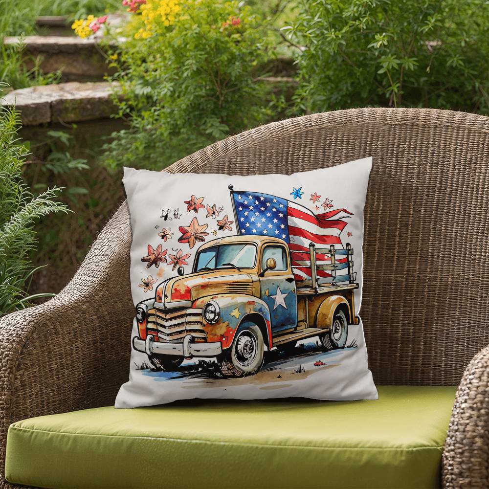 Patriotic Vintage Truck Fourth of July Home Decor Indoor-Outdoor Pillow