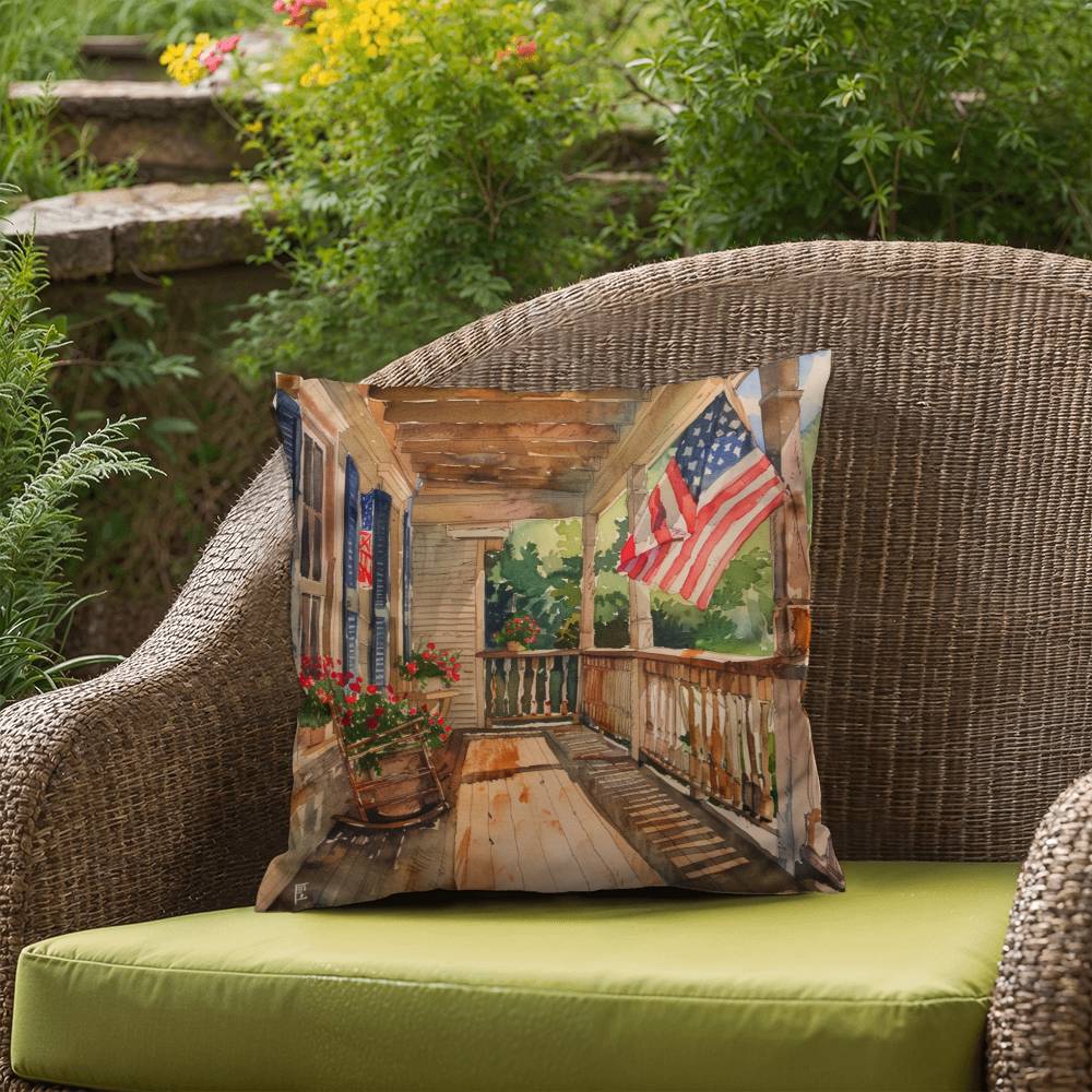 Patriotic Country Porch Scene Indoor-Outdoor Polyester Printed Pillow