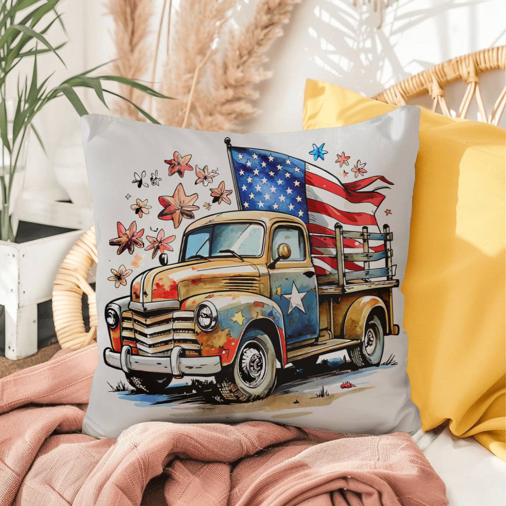 Patriotic Vintage Truck Fourth of July Home Decor Indoor-Outdoor Pillow