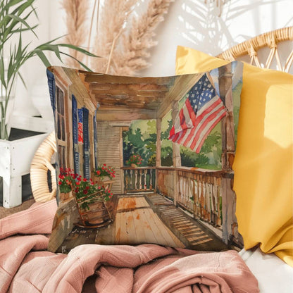 Patriotic Country Porch Scene Indoor-Outdoor Polyester Printed Pillow