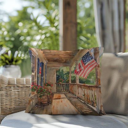 Patriotic Country Porch Scene Indoor-Outdoor Polyester Printed Pillow