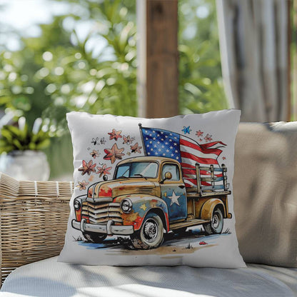 Patriotic Vintage Truck Fourth of July Home Decor Indoor-Outdoor Pillow