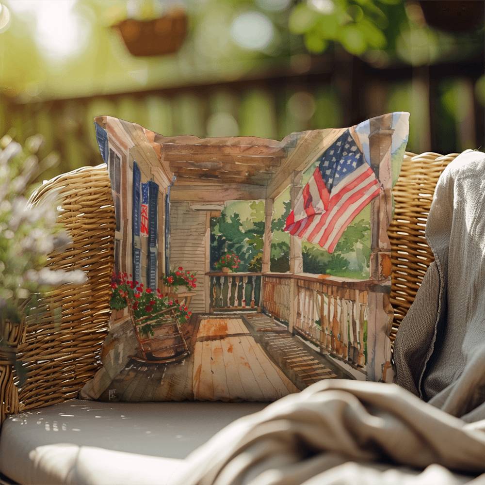 Patriotic Country Porch Scene Indoor-Outdoor Polyester Printed Pillow