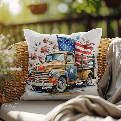 Patriotic Vintage Truck Fourth of July Home Decor Indoor-Outdoor Pillow