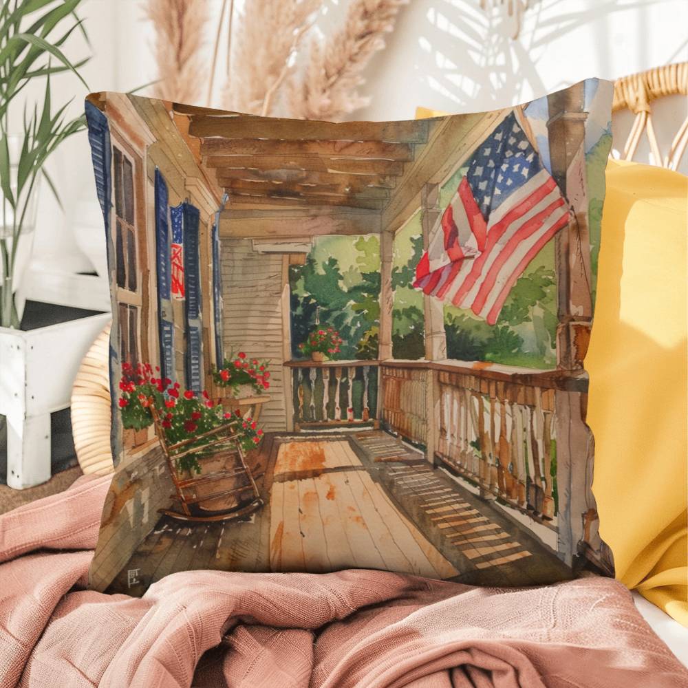 Patriotic Country Porch Scene Indoor-Outdoor Polyester Printed Pillow