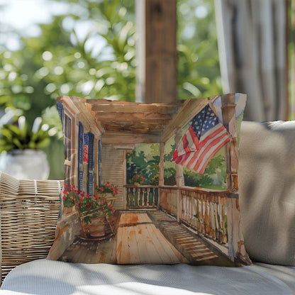 Patriotic Country Porch Scene Indoor-Outdoor Polyester Printed Pillow